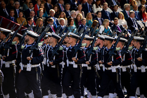 Representatives of the Spanish Navy seen during the parade. During the Armed Forces parade on National Day led by King Felipe VI, Queen Letizia, their daughters Leonor de Borbón, Princess of Asturias and Infanta Sofía de Borbón.