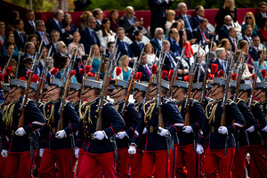 Representatives of the Army seen during the parade. During the Armed Forces parade on National Day led by King Felipe VI, Queen Letizia, their daughters Leonor de Borbón, Princess of Asturias and Infanta Sofía de Borbón.