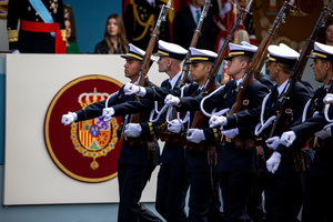 Representatives of the Spanish Navy seen during the parade. During the Armed Forces parade on National Day led by King Felipe VI, Queen Letizia, their daughters Leonor de Borbón, Princess of Asturias and Infanta Sofía de Borbón.