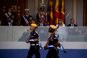 Representatives of the Emergency Military Unit (UME) seen during the parade. During the Armed Forces parade on National Day led by King Felipe VI, Queen Letizia, their daughters Leonor de Borbón, Princess of Asturias and Infanta Sofía de Borbón.