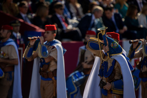 A group of Regulares de Melilla better known as "Regulares" marches. During the Armed Forces parade on National Day led by King Felipe VI, Queen Letizia, their daughters Leonor de Borbón, Princess of Asturias and Infanta Sofía de Borbón.
