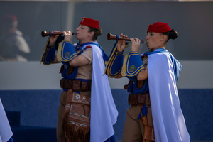 A couple of Regulares de Melilla better known as "Regulares" march in the parade. During the Armed Forces parade on National Day led by King Felipe VI, Queen Letizia, their daughters Leonor de Borbón, Princess of Asturias and Infanta Sofía de Borbón.