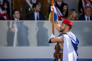 A regular from Melilla marches in the parade. During the Armed Forces parade on National Day led by King Felipe VI, Queen Letizia, their daughters Leonor de Borbón, Princess of Asturias and Infanta Sofía de Borbón.