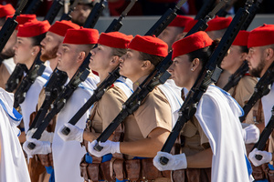 A group of Regulares de Melilla better known as "Regulares" marches. During the Armed Forces parade on National Day led by King Felipe VI, Queen Letizia, their daughters Leonor de Borbón, Princess of Asturias and Infanta Sofía de Borbón.