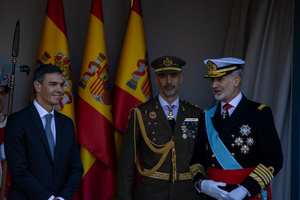 Pedro Sánchez (L), President of the Spanish Government and King Felipe VI (R) attend the parade. During the Armed Forces parade on National Day led by King Felipe VI, Queen Letizia, their daughters Leonor de Borbón, Princess of Asturias and Infanta Sofía de Borbón.