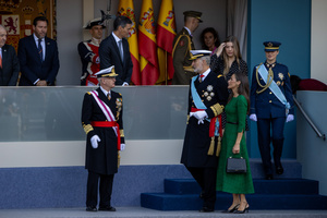 The Spanish Royal Family King Felipe VI, Queen Letizia, their daughters Leonor de Borbón, Princess of Asturias and Infanta Sofía de Borbón attend the parade. During the Armed Forces parade on National Day led by King Felipe VI, Queen Letizia, their daughters Leonor de Borbón, Princess of Asturias and Infanta Sofía de Borbón.