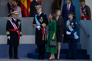 The Spanish Royal Family King Felipe VI, Queen Letizia, their daughters Leonor de Borbón, Princess of Asturias and Infanta Sofía de Borbón attend the parade. During the Armed Forces parade on National Day led by King Felipe VI, Queen Letizia, their daughters Leonor de Borbón, Princess of Asturias and Infanta Sofía de Borbón.