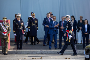 King Felipe VI attends the parade During the Armed Forces parade on National Day led by King Felipe VI, Queen Letizia, their daughters Leonor de Borbón, Princess of Asturias and Infanta Sofía de Borbón.