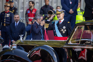 King Felipe VI attends the parade During the Armed Forces parade on National Day led by King Felipe VI, Queen Letizia, their daughters Leonor de Borbón, Princess of Asturias and Infanta Sofía de Borbón.