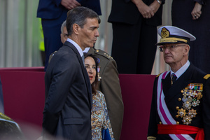 Pedro Sánchez, President of the Spanish Government attends the parade. During the Armed Forces parade on National Day led by King Felipe VI, Queen Letizia, their daughters Leonor de Borbón, Princess of Asturias and Infanta Sofía de Borbón.