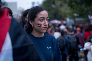 A young pro-Palestinian protester is seen with a Palestinian flag painted on her face during the demonstration. A nationwide strike was held all over Spain, with demonstration in all the main cities. More than 20.000 of pro-Palestinian protesters marched in Barcelona, with several clashes with police and episodes of looting and burning of dumpsters.