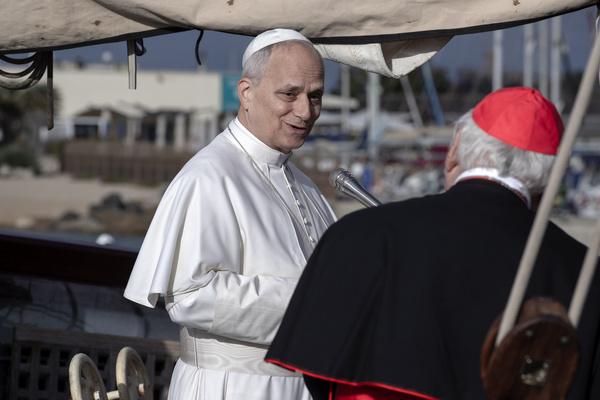 Pope Leo XIV delivers his speech during a visit at the "Med 25 Bel Espoir" Peace Training Ship, anchored in the port of Ostia, near Rome