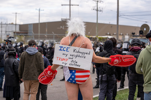 People demonstrate in front of the Broadview Immigration Detention Facility. A lawsuit filed October 30, 2025 alleges inhumane, degrading, and humiliating conditions in the facility with a lack of food, water, access to hygiene and medical care, or places to sleep.