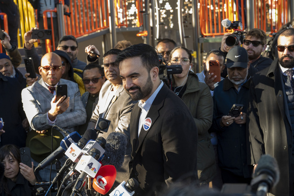 Democratic New York City mayoral candidate Zohran Mamdani speaks to media after casting his vote in the general election at a park outside the Frank Sinatra High School in New York City.