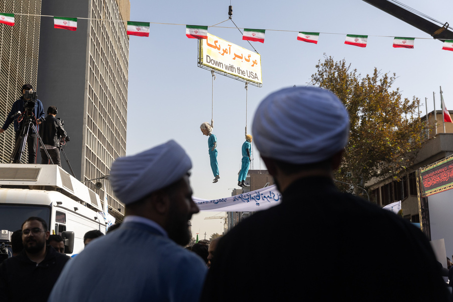 Effigies of U.S. President Donald Trump and Israeli Prime Minister Benjamin Netanyahu seen hung during a rally marking the 46th anniversary of the U.S. Embassy takeover. Iran marked the 46th anniversary of the 1979 U.S. embassy takeover, known as 13 Aban or Student Day, with state-organized rallies across the country, including a large march in Tehran from Palestine Square to the former U.S. Embassy. The demonstrations featured anti-U.S. and anti-Israel slogans, displays of ballistic missile and nuclear models, and effigies of Western leaders. In his address, Parliament Speaker Mohammad Baqer Qalibaf emphasized Iran’s independence and defiance against “Global Arrogance” amid heightened regional tensions.