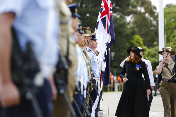 Governor of Victoria, Margaret Gardner (right), inspects the Tri-Service half Guard during a Remembrance Day service at the Shrine of Remembrance. Thousands gathered at the Shrine of Remembrance in Melbourne to mark Remembrance Day, honoring Australian service members who lost their lives in wars and conflicts. The annual ceremony includes moments of silence, wreath-laying, and tributes to veterans, reflecting on the sacrifices made for peace and freedom.
