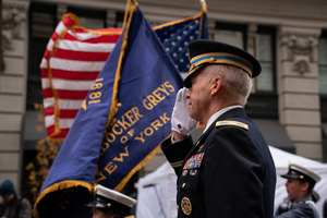 A colonel of the U.S. Army leads cadets during the 106th annual Veterans Day Parade.