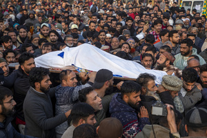 (EDITORS NOTE: Image depicts death) 
Kashmiri people carry the dead body of Muhammad Shafi, a civilian tailor killed in an explosion inside a police station, during his funeral procession in Srinagar. Nine people were killed and 32 others were injured in a major explosion inside a Police Station. Explosives reportedly detonated during a forensic investigation as part of a probe into an earlier blast in India’s capital, New Delhi, that killed 13 people and injured dozens.