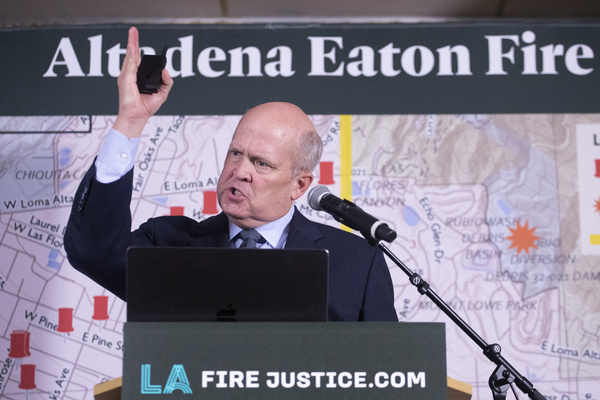 Mikal Watts, an attorney with LA Fire Justice, speaks at a news conference on Monday, Nov. 17, 2025, in Altadena, Calif. Attorneys with the Law Office of Douglas Boxer and the Watts Law Firm, working with LA Fire Justice, filed a lawsuit against Genasys Inc., Southern California Edison and Edison International over the wrongful death of Stacey Darden. The lawsuit was filed on behalf of Geraldine “Gerry” Darden, Stacey’s sister, individually and as representative of the estate of Stacey Darden.
