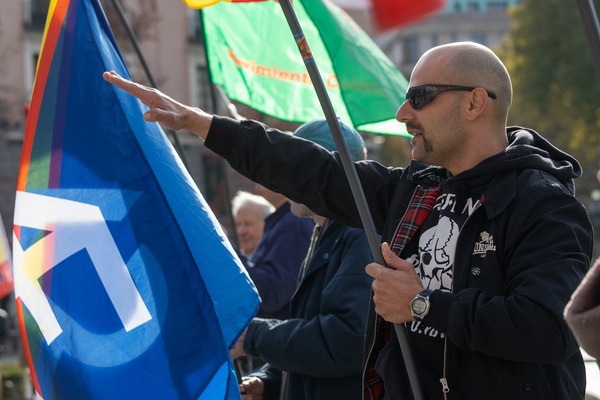 Demonstrators perform the fascist salute during the protest. An event convened by the Spanish Catholic Movement, an ultra-right-wing group, for national affirmation and in protest against the 'democratic memory law', in the Plaza de Oriente in Madrid on the occasion of the commemoration of the death of Francisco Franco and Jose Antonio Primo de Rivera, every November 20.