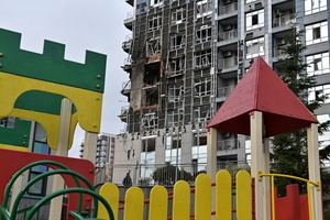 Damage on an apartment building hit by a Russian drone strike amid Russia's attack.