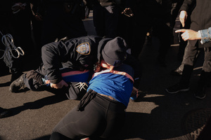 NYPD officer detains a protestor who confronted Immigration and Customs Enforcement (ICE) agents during an attempted sweep on Canal Street in Manhattan. ICE has cracked down on vendors selling counterfit goods in New York City.