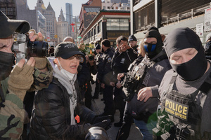 Immigration and Customs Enforcement (ICE) agents are confronted by protestors before an attempted sweep on Canal Street in Manhattan. ICE has cracked down on vendors selling counterfit goods in New York City.