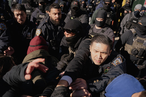 Immigration and Customs Enforcement (ICE) agents are confronted by protestors before an attempted sweep on Canal Street in Manhattan. ICE has cracked down on vendors selling counterfit goods in New York City.