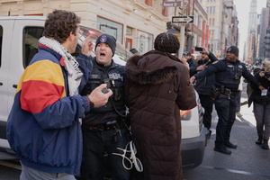 NYPD clear protestors that confronted Immigration and Customs Enforcement (ICE) agents before an attempted sweep on Canal Street in Manhattan. ICE has cracked down on vendors selling counterfit goods in New York City.