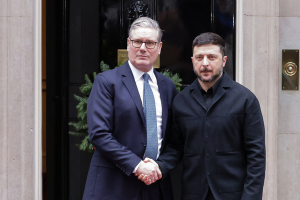 Ukrainian President Volodymyr Zelensky and Prime Minister Keir Starmer outside No 10 Downing Street attend to take stock of the situation and review progress in the ongoing US-led and US-mediated negotiations aimed at advancing a potential framework for ending the war in Ukraine.