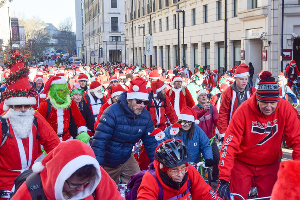Hundreds of cyclists dressed as Santa Claus and other Christmas characters take part in BMX Life's Santa Cruise, raising money for the charity ECHO (Evelina Children's Heart Organisation).