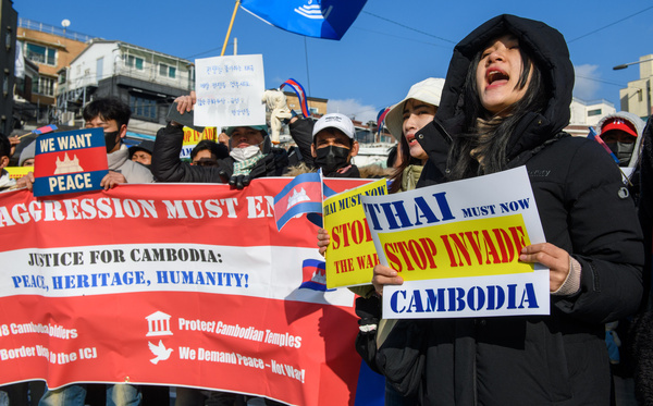 Cambodians are participating in a rally in Seoul with placards demanding that Thailand stop attacking Cambodia. Thailand and Cambodia in Southeast Asia have been using weapons several times since a Cambodian soldier was killed in a May 2025 skirmish, reigniting a conflict that has displaced hundreds of thousands of people on both sides of the border.