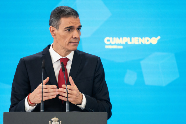 The President of the Government, Pedro Sanchez during balance del año político y presentó el informe periódico de rendición de cuentas «Cumpliendo» Moncloa Palace.