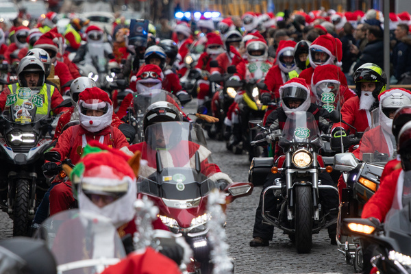 Several motorcyclists seen during the 13th annual Santa Claus Solidarity Motorcade, organized by the International Police Association, which, as every year, traveled through the main streets of Madrid.