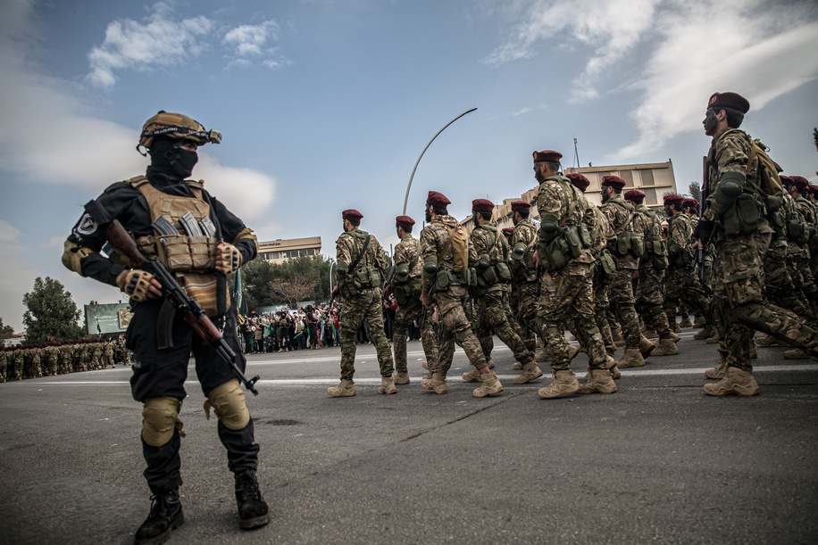 Military men seen marching at the parade in Damascus to mark the first anniversary of the fall of the Assad regime. Many Syrians celebrated the first anniversary of the fall of the Assad regime on December 8, 2025, as 