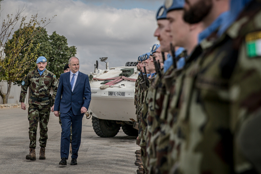 Irish Taoiseach Micheál Martin inspects Irish troops during a visit to Camp Shamrock, in south Lebanon. Also known as UN base UNP 2-45, the base is home to hundreds of Irish peacekeepers. United Nations Interim Force in Lebanon (UNIFIL) Security Council mandate will expire at the end of 2026.
