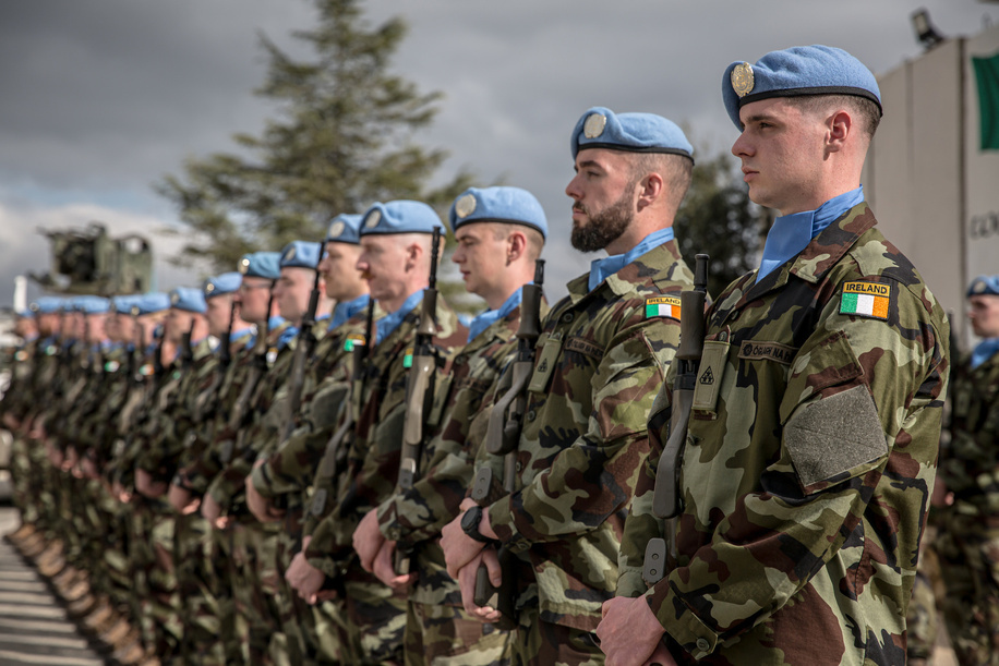 Irish troops seen during the visit of Micheál Martin to Camp Shamrock, in south Lebanon. Also known as UN base UNP 2-45, it is home to hundreds of Irish peacekeepers. United Nations Interim Force in Lebanon (UNIFIL) Security Council mandate will expire at the end of 2026.