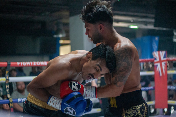 (L-R) Marley Mason and Mandeep Jangra seen in action during The Transatlantic Clash 2 Battle at the Bridge. Mandeep Jangra defeated Marley Mason in the headline super-featherweight match of The Transatlantic Clash 2: Battle at the Bridge.
