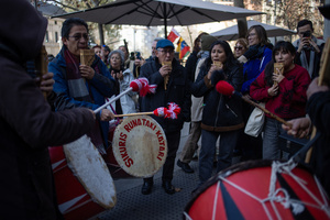 A Peruvian folk group participates by singing traditional songs. During a rally organized by leftist groups in front of the US Embassy in Madrid to condemn the attacks carried out by the United States in Caracas in the early hours of January 3rd and the illegal arrest of President Nicolás Maduro and his transfer to a prison in New York along with his wife.