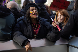 A woman with her face painted with Venezuelan flags. During a rally organized by leftist groups in front of the US Embassy in Madrid to condemn the attacks carried out by the United States in Caracas in the early hours of January 3rd and the illegal arrest of President Nicolás Maduro and his transfer to a prison in New York along with his wife.