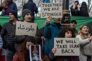 Iranian protesters chant slogans and hold placards during the demonstration outside the Iranian Embassy in London. Hundreds of Iranian royalists gathered outside the Iranian Embassy in London, UK. Protesters want to show their support to the anti-government protesters in Iran. Demonstrators intend to replace the Supreme Leader of Iran, Ayatollah Ali Khamenei, and his regime with the Crown Prince of Iran, Reza Pahlavi who lives in exile at the United States.