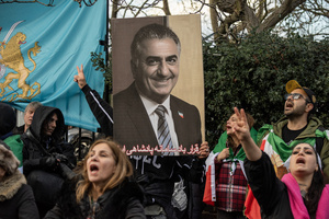 Protesters chant slogans and hold the photo of the Crown Prince of Iran, Reza Pahlavi during the demonstration outside the Iranian Embassy in London. Hundreds of Iranian royalists gathered outside the Iranian Embassy in London, UK. Protesters want to show their support to the anti-government protesters in Iran. Demonstrators intend to replace the Supreme Leader of Iran, Ayatollah Ali Khamenei, and his regime with the Crown Prince of Iran, Reza Pahlavi who lives in exile at the United States.