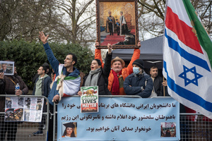 Protesters chant slogans and hold a photo of the Iranian Shah's family during the demonstration outside the Iranian Embassy in London. Hundreds of Iranian royalists gathered outside the Iranian Embassy in London, UK. Protesters want to show their support to the anti-government protesters in Iran. Demonstrators intend to replace the Supreme Leader of Iran, Ayatollah Ali Khamenei, and his regime with the Crown Prince of Iran, Reza Pahlavi who lives in exile at the United States.