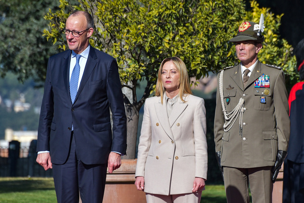 Italian Prime Minister Giorgia Meloni (R) and German Federal Chancellor Friedrich Merz (L) attend the Italy-Germany Intergovernmental Summit at Villa Doria Pamphilj.