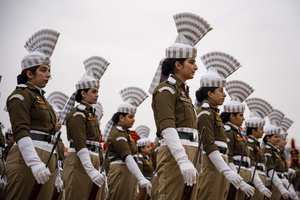 Women Indian Reserve Police (IRP) contingent perform during a Republic Day parade in Srinagar. India is celebrating its 77th Republic Day, marking the anniversary of the adoption of the Constitution of India and the nation’s transformation into a republic on 26 January 1950.