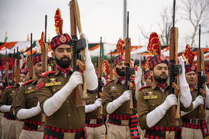 A contingent of the Jammu and Kashmir Police performs during a Republic Day parade in Srinagar. India is celebrating its 77th Republic Day, marking the anniversary of the adoption of the Constitution of India and the nation’s transformation into a republic on 26 January 1950.