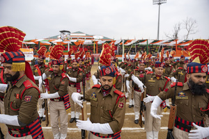 A contingent of the Jammu and Kashmir Police performs during a Republic Day parade in Srinagar. India is celebrating its 77th Republic Day, marking the anniversary of the adoption of the Constitution of India and the nation’s transformation into a republic on 26 January 1950.
