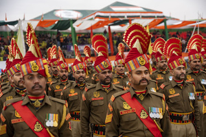 Border Security Force contingent perform during a Republic Day parade in Srinagar. India is celebrating its 77th Republic Day, marking the anniversary of the adoption of the Constitution of India and the nation’s transformation into a republic on 26 January 1950.