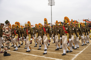 Indo-Tibetan Border Police (ITBP) contingent perform during a Republic Day parade in Srinagar. India is celebrating its 77th Republic Day, marking the anniversary of the adoption of the Constitution of India and the nation’s transformation into a republic on 26 January 1950.