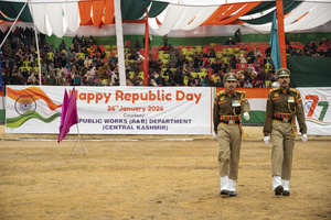 Members of a Border Security Force contingent practice ahead of their performance at the Republic Day parade in Srinagar. India is celebrating its 77th Republic Day, marking the anniversary of the adoption of the Constitution of India and the nation’s transformation into a republic on 26 January 1950.